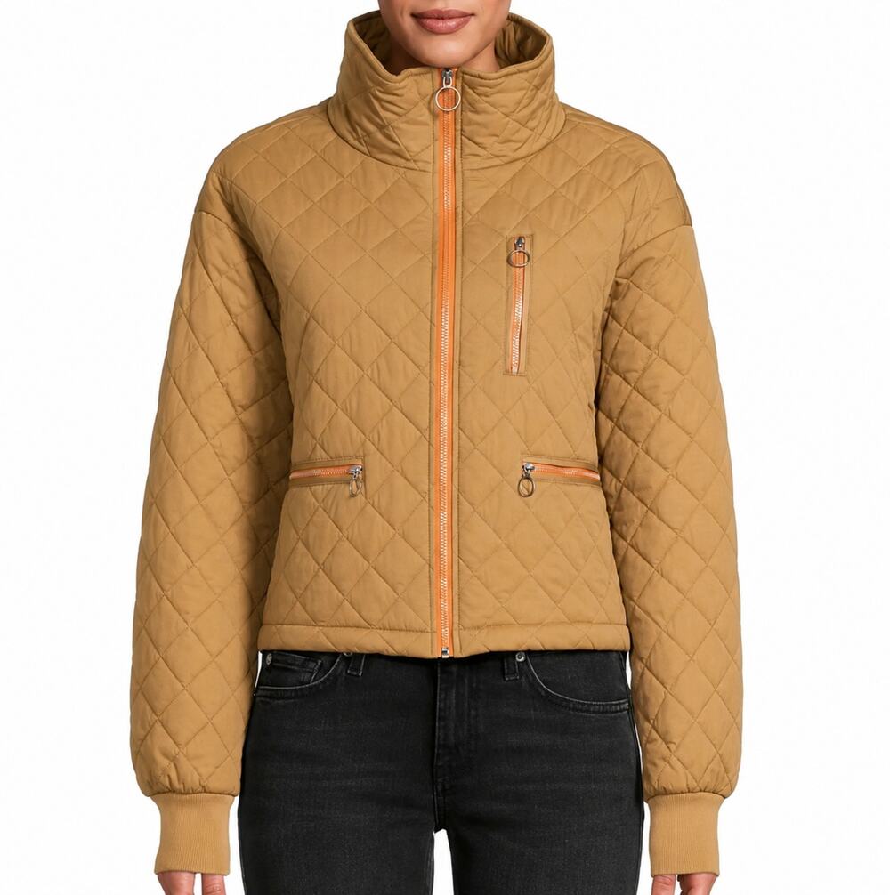 Avec Les Filles Brown Quilted Cropped Puffer Jacket with Orange Trim Small